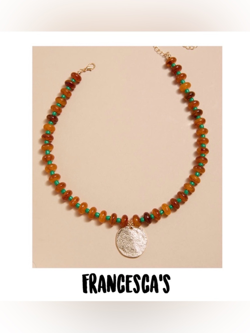 New Francesca’s Amber and Turquoise Beaded Necklace With Coin Pendant